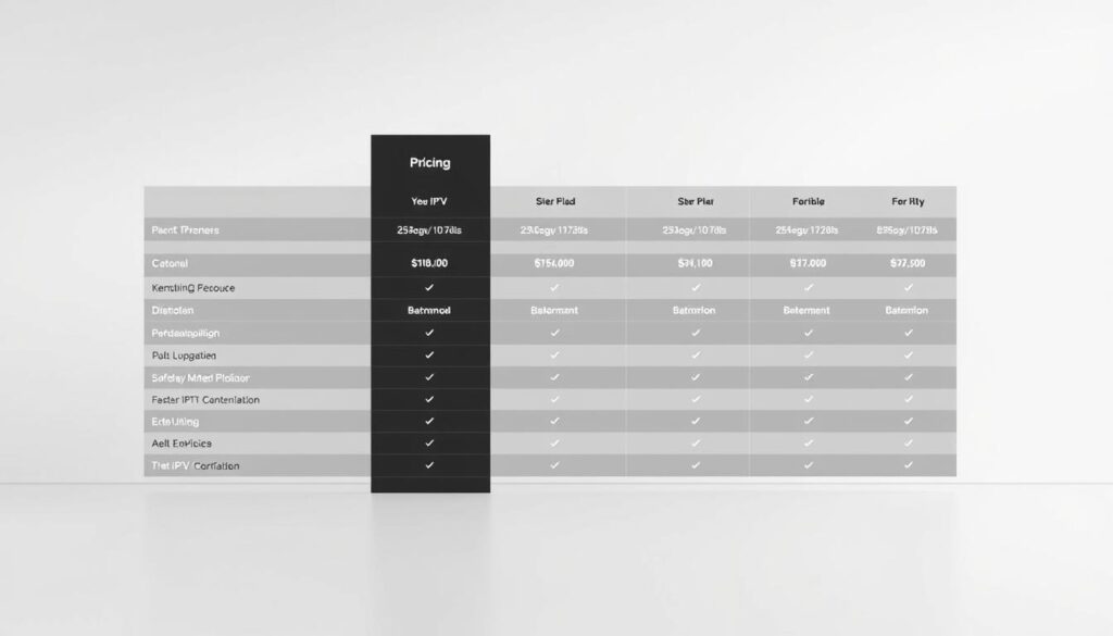 A sleek and modern comparison table showcasing the pricing details of various IPTV service providers in the Netherlands. The table is set against a minimalist background, with clean lines and a muted color palette to emphasize the information. The data is presented in a clear, organized manner, with columns for different plan options, pricing, and key features. The overall design is visually appealing and easy to navigate, providing the reader with a comprehensive overview of the IPTV market and the available pricing options.